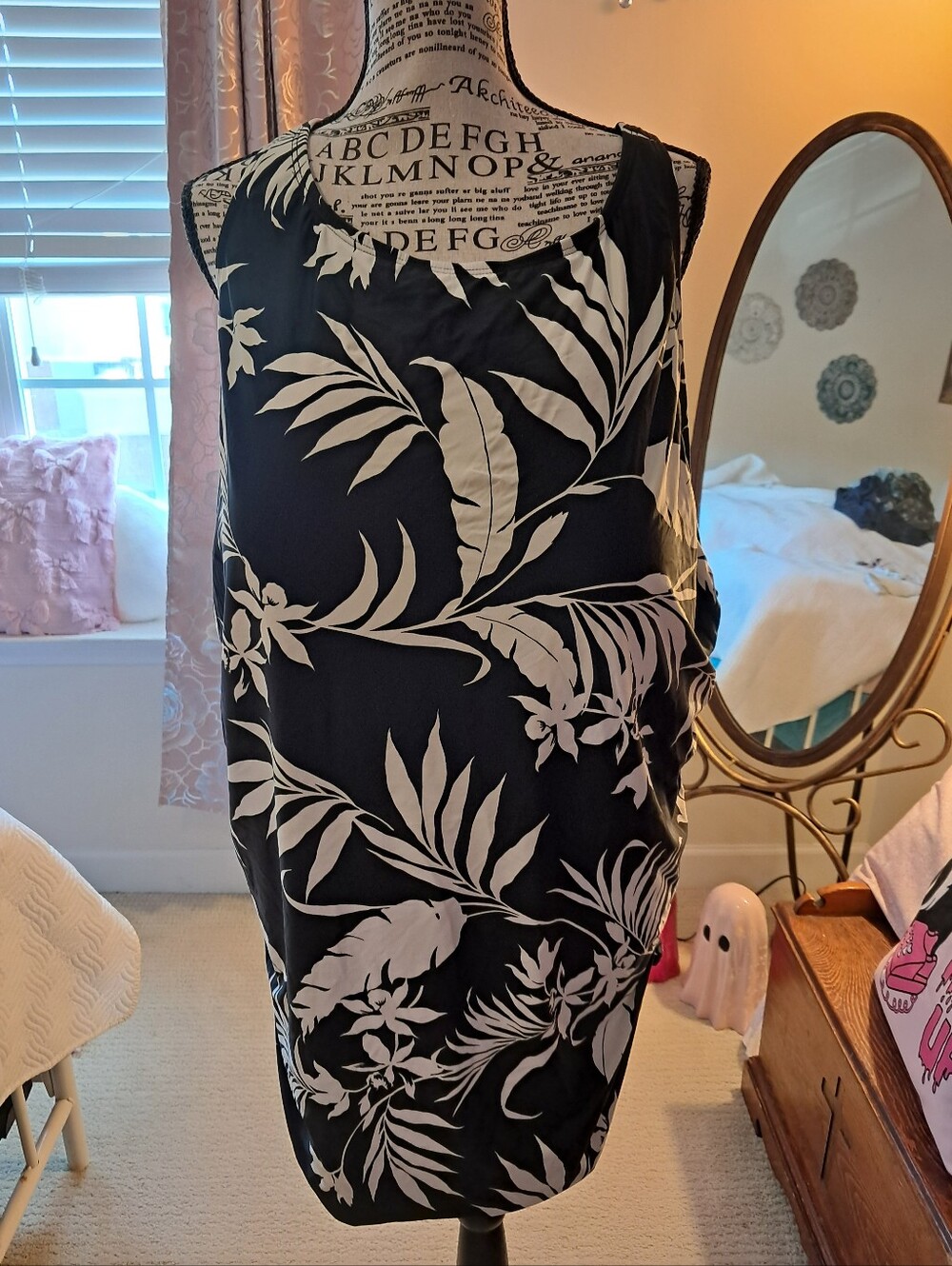 Jantzen Black & White Tropical Print Open Back Tankini Top Only 28w